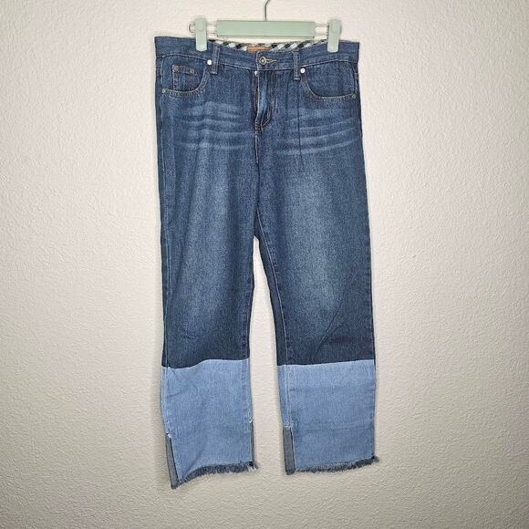 POL Patchwork Jeans Raw Hem Straight Leg 2-Tone Denim High Rise Size M Cotton - Picture 2 of 8